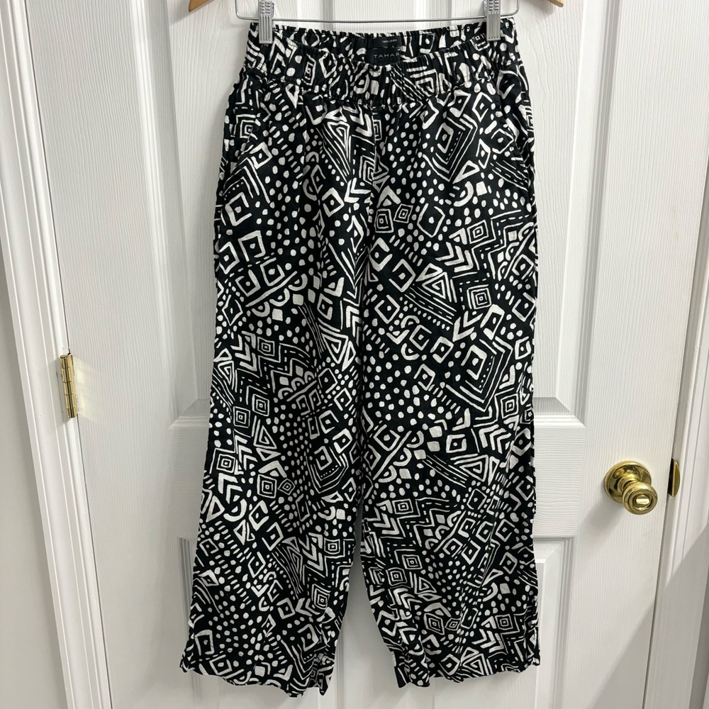 Tahari Abstract Linen Pants Wide Leg Small Black Art to Wear Funky Art to Wear